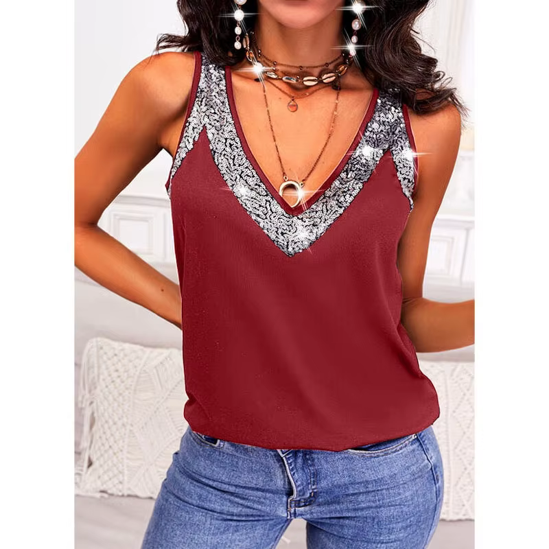 T-Shirt à Paillettes et Col en V pour Femme