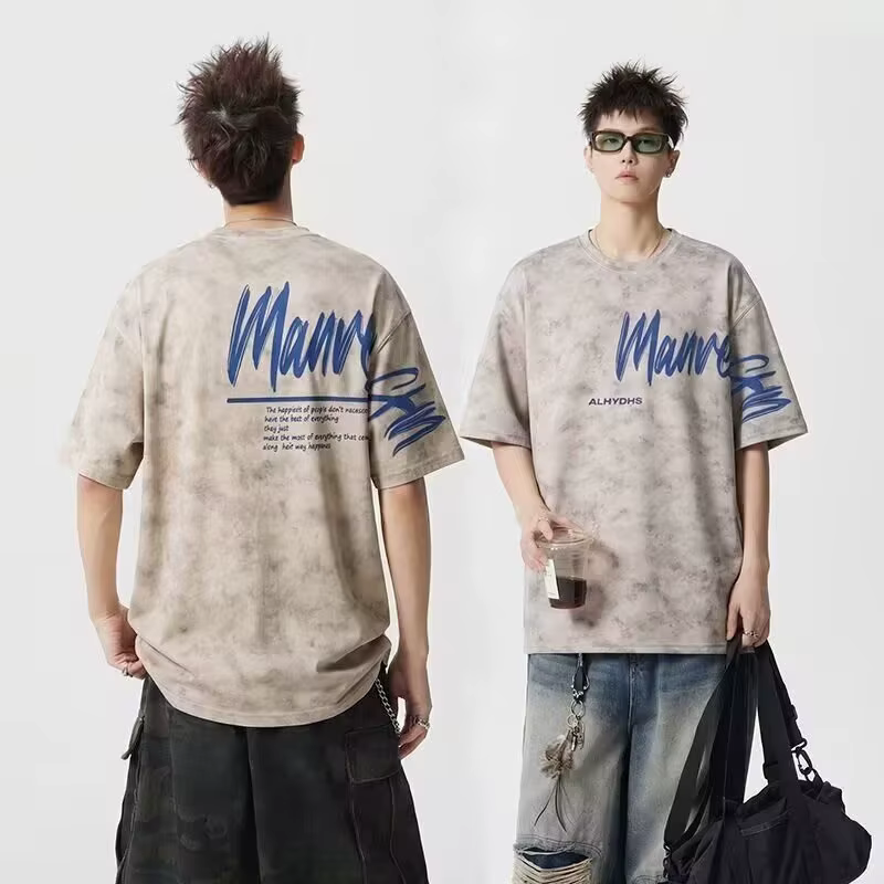 T-shirts Oversize Homme Tie-Dye Imprimé Lettres Vintage Décontractés Style Rétro Streetwear Y2K Mode Été 2026