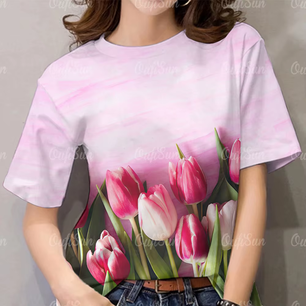 T-shirt pour femme à imprimé floral tendance - Cadeau de la Saint-Valentin avec technologie d'impression numérique 3D