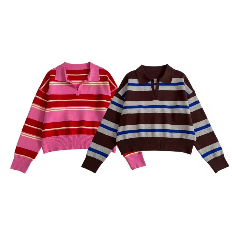 Polo à manches longues en tricot rayé pour femme