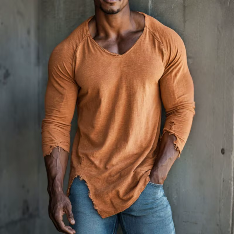 T-shirt de fitness à manches longues et col en V pour homme