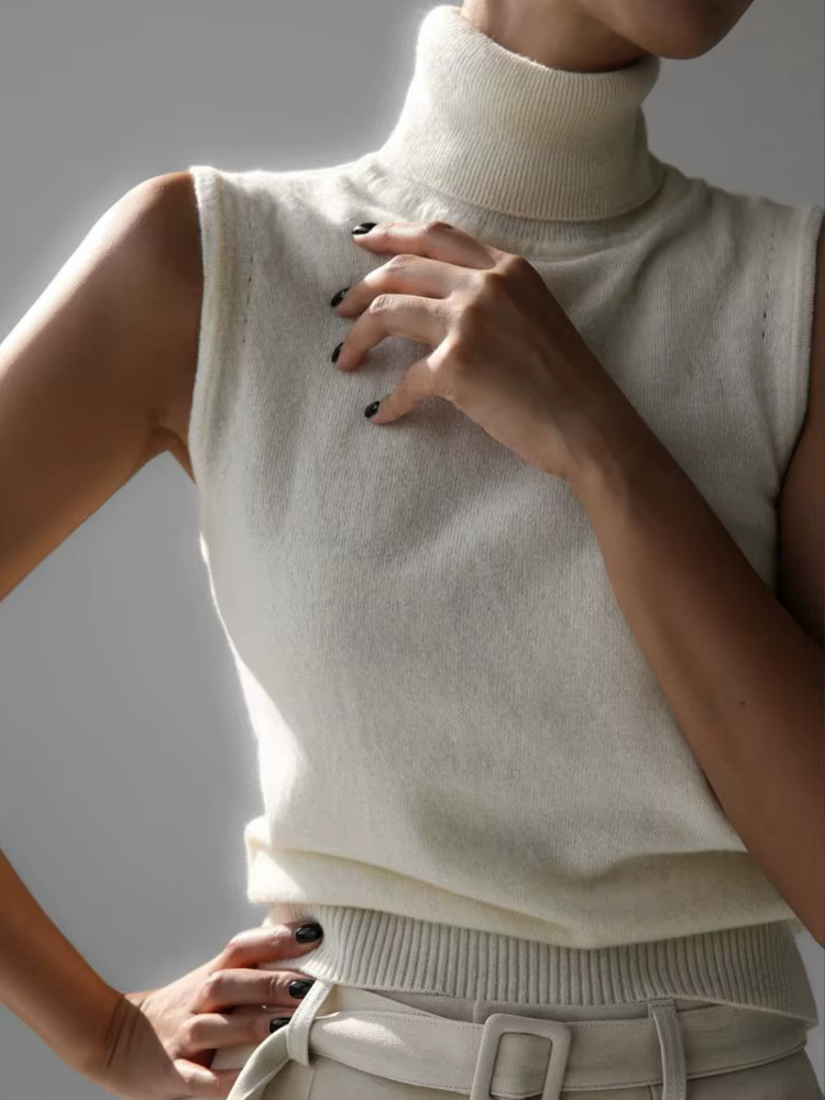 Nouveau débardeur tricoté sans manches à col roulé pour femme