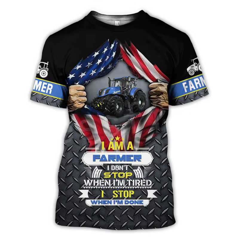 T-shirt à manches courtes imprimé tracteur 3D pour hommes