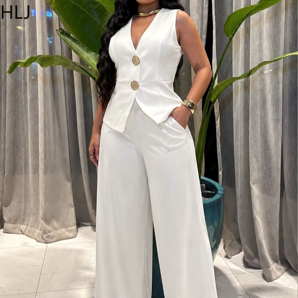 HLJ Fashion Gilet pour femme couleur unie sans manches col en V avec découpes à la taille et boutons dorés