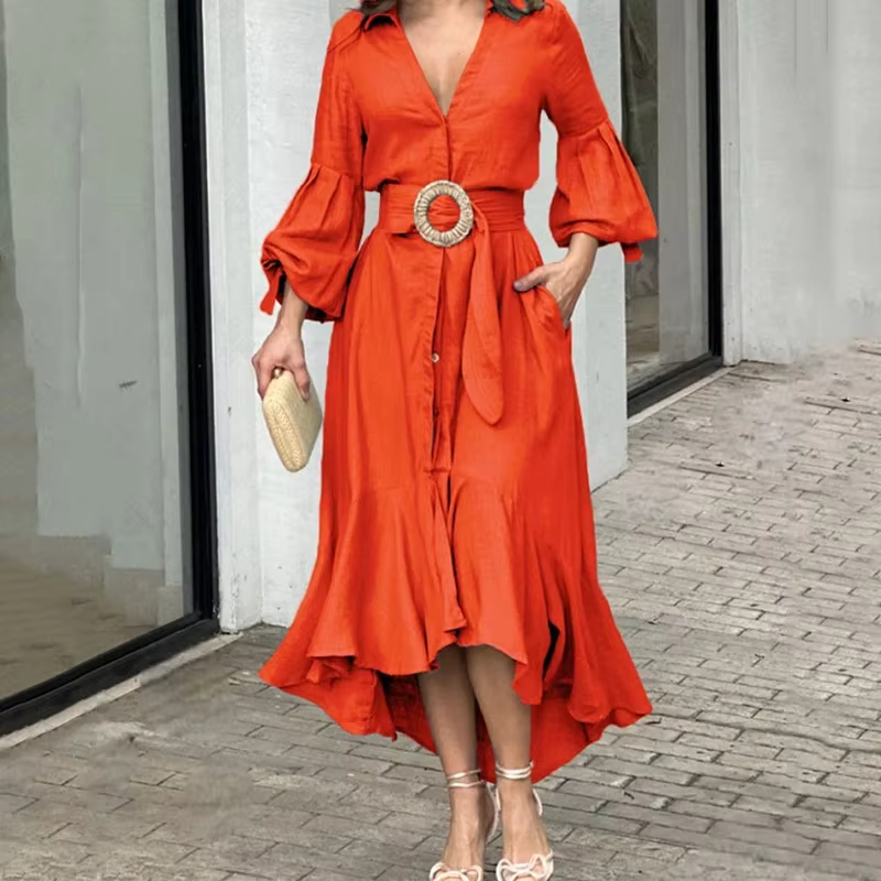 Manches lanternes avec ourlet irrégulier femme élégante taille haute tenue décontractée mode femme col en V manches évasées robe chemise trapèze