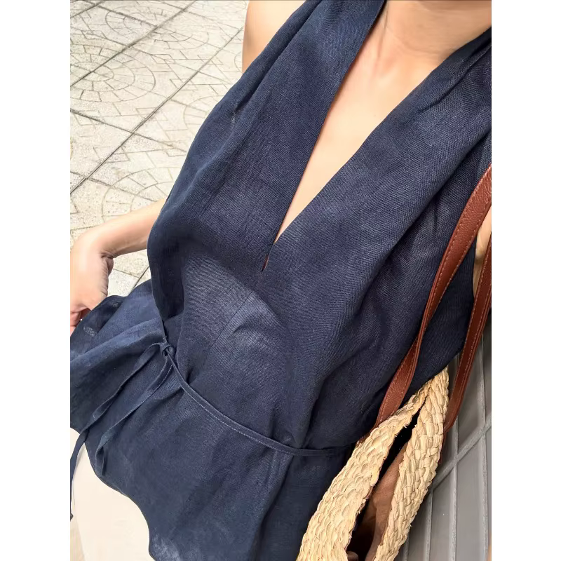 Débardeur Halter Chic Marine pour Femme – Top Décontracté Printemps à Col Plongeant et Lacets – Nouvelle Collection 2026