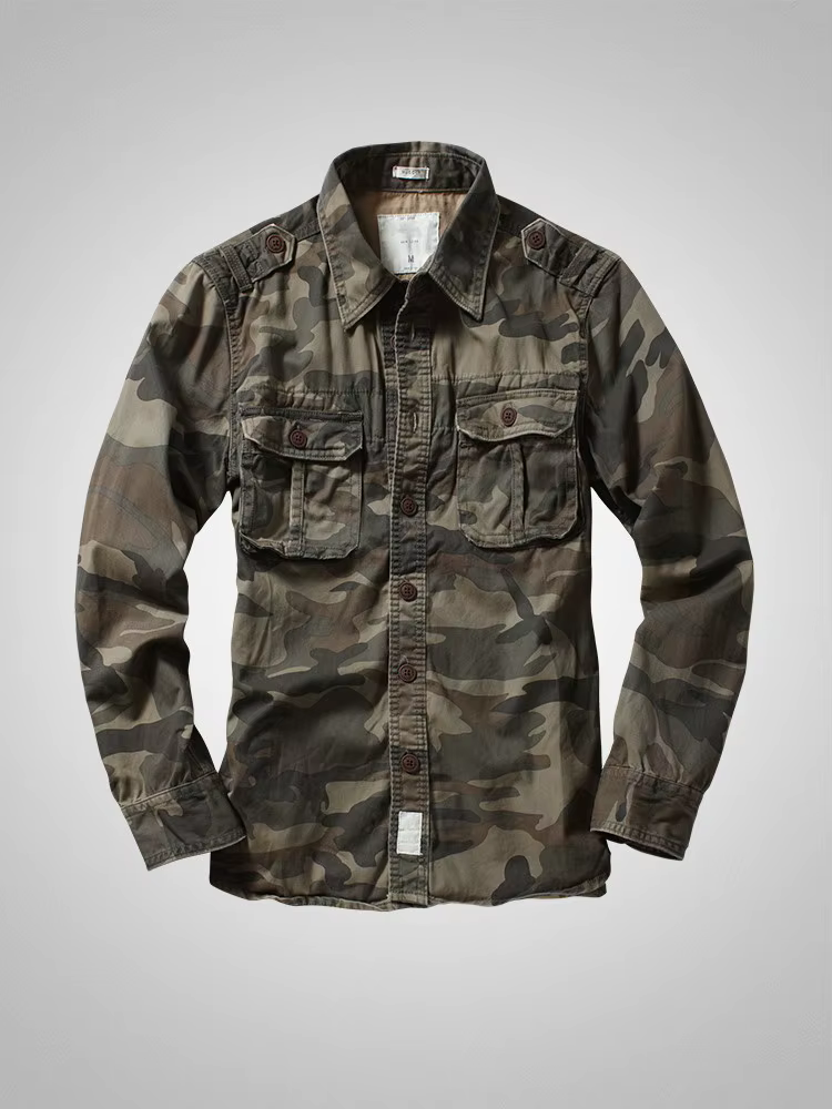 American Heavy Retro Men's Long Sleeved Camouflage Shirt Outdoor Cargo Casual Multi Pocket Work