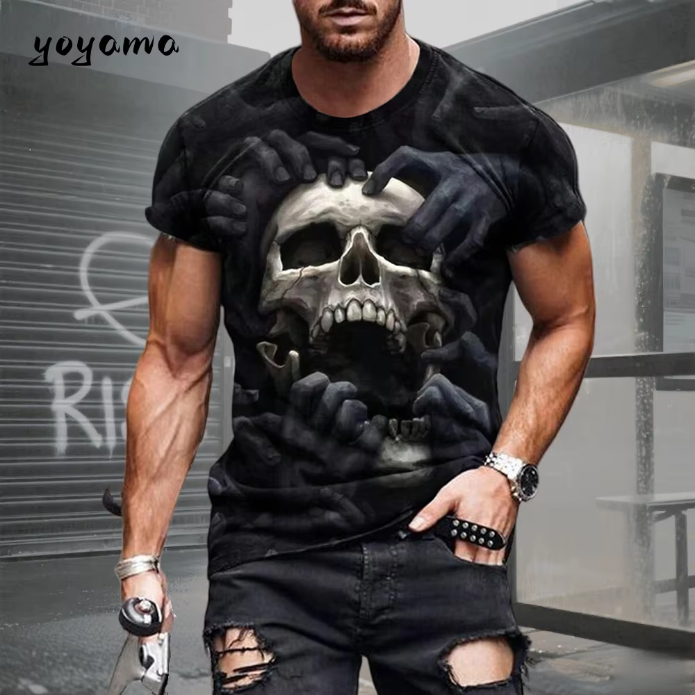 T-shirt pour homme avec motif crâne imprimé en 3D. Vêtements d'été rétro décontractés et sportifs à manches courtes