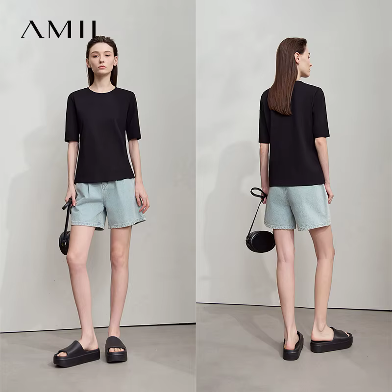 AMII minimaliste coton noir T-Shirt pour femmes 2025 bureau dame O cou plaine tricot
