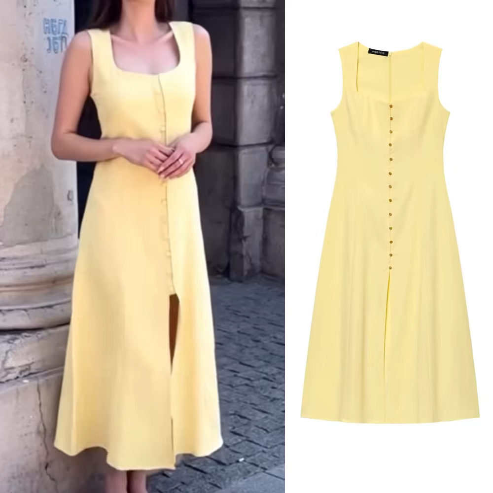 Robe longue élégante sans manches en lin uni à bouton unique