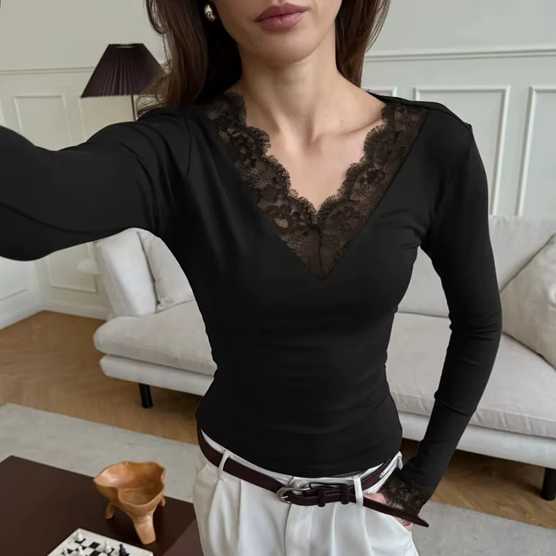 Tornova col en V dentelle t petit haut femmes Sexy nombril exposé pull mode épissure fille chaude Club