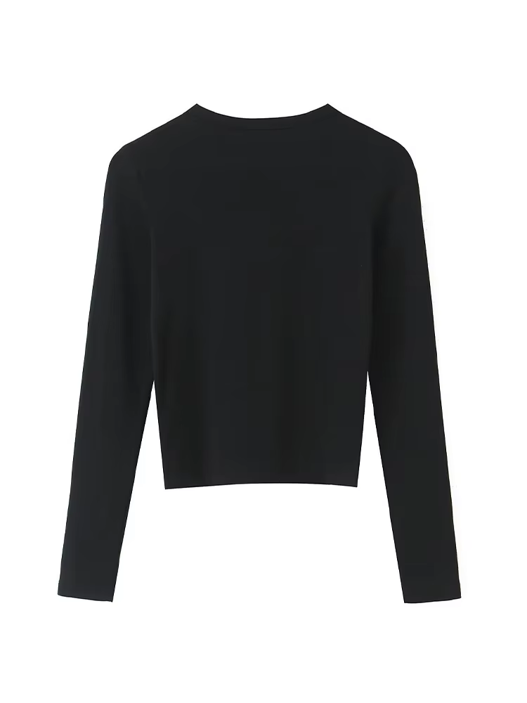 T-shirt Femme Printemps Mode Casual Slim Style Urbain Élégant Col Rond Manches Longues Chic Uni 3 Couleurs Hauts Courts