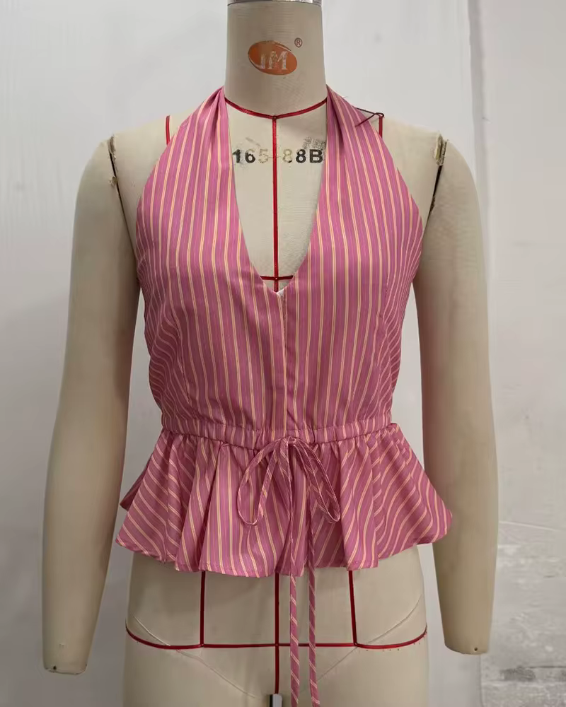 Haut pour femme 2026 Nouvelle Collection Été Col V Rayé Halter Chic et Élégant Style Vacances