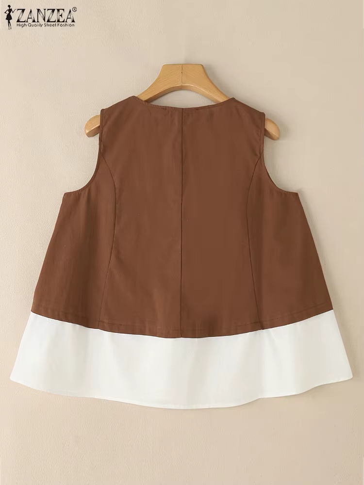 2025 femmes été débardeurs ZANZEA coton Camis Vintage col rond sans manches vacances Blouse rétro chemise ample t-shirts occasionnels surdimensionné