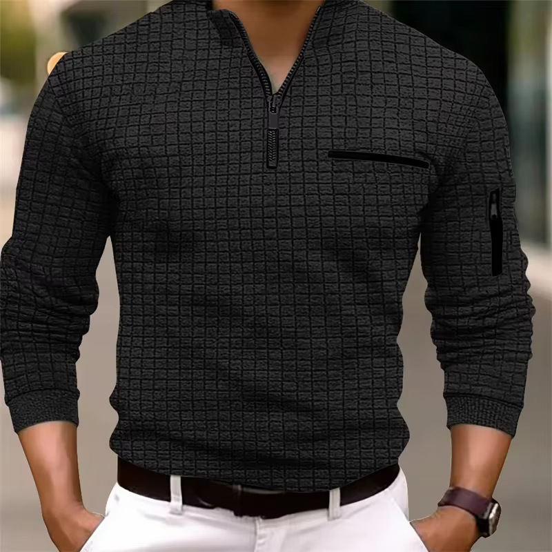 Nouvelle chemise POLO rayée à manches longues pour hommes avec col zippé