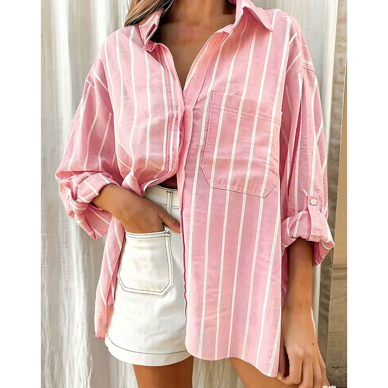 Chemise rayée à col polo ample pour femme