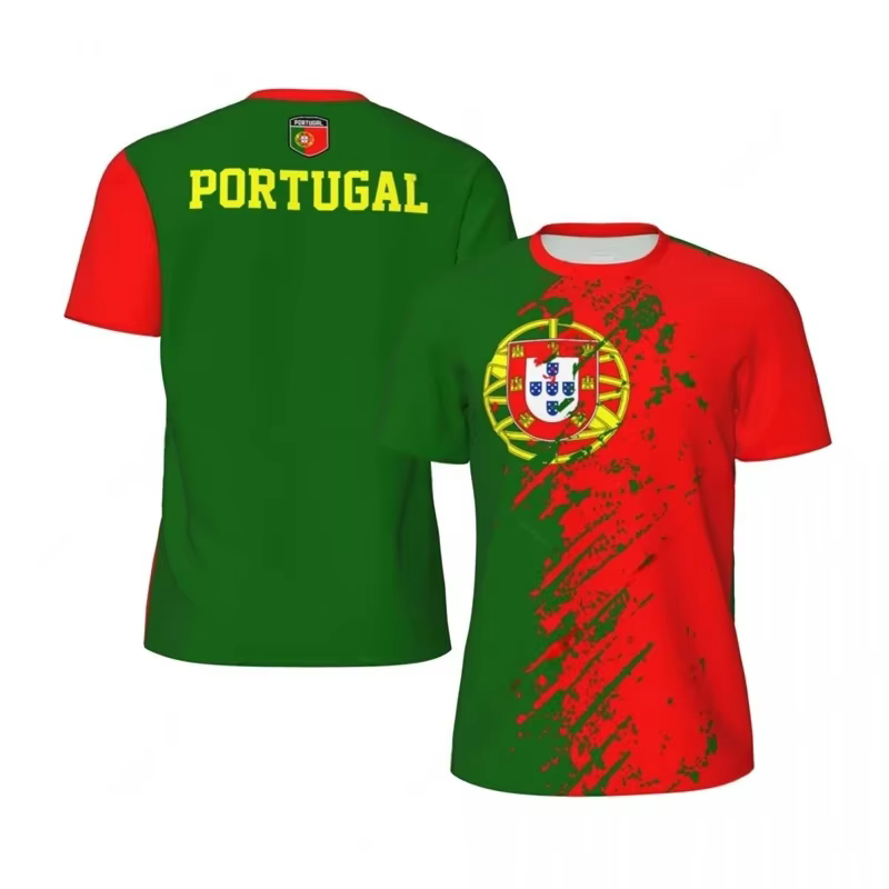 T-shirt de sport respirant à séchage rapide avec impression 3D du drapeau du Portugal pour hommes et femmes, maillot de football d'extérieur, haut à manches courtes pour équipe et club