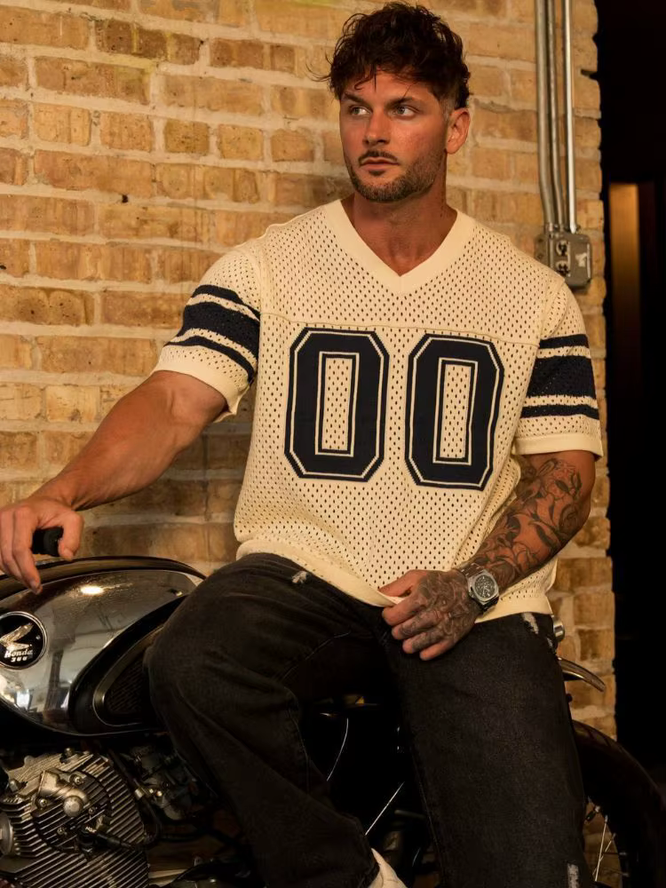 Américain 00 chemise T-shirt hommes sport fitness séchage rapide respirant grande maille imprimé manches courtes col en v t