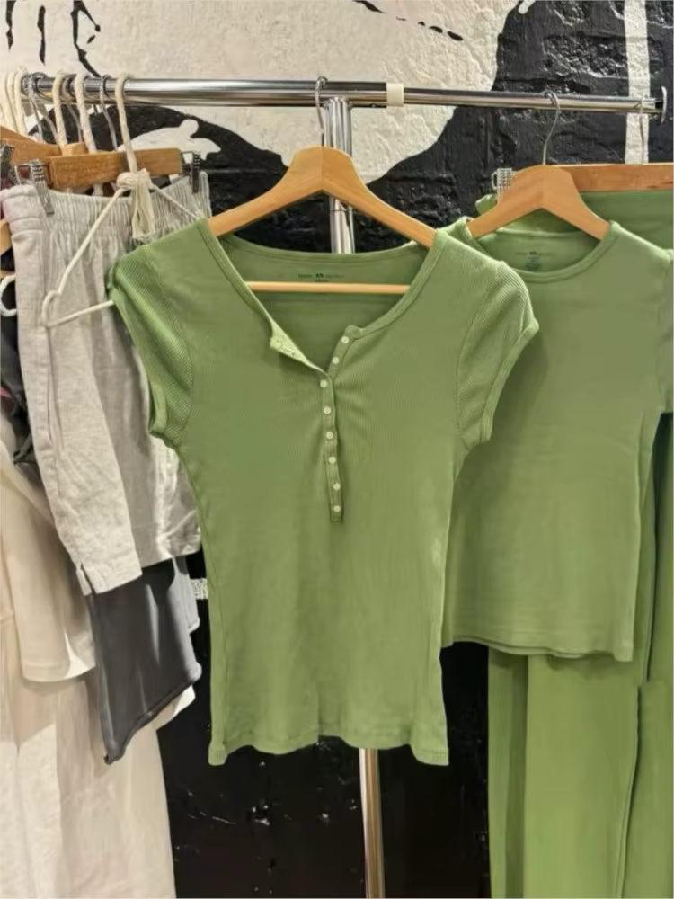 T-shirts slim Matcha Buttons pour femmes, été, décontracté, streetwear, côtelé, col rond, manches courtes, doux, simple, polyvalent, Y2K