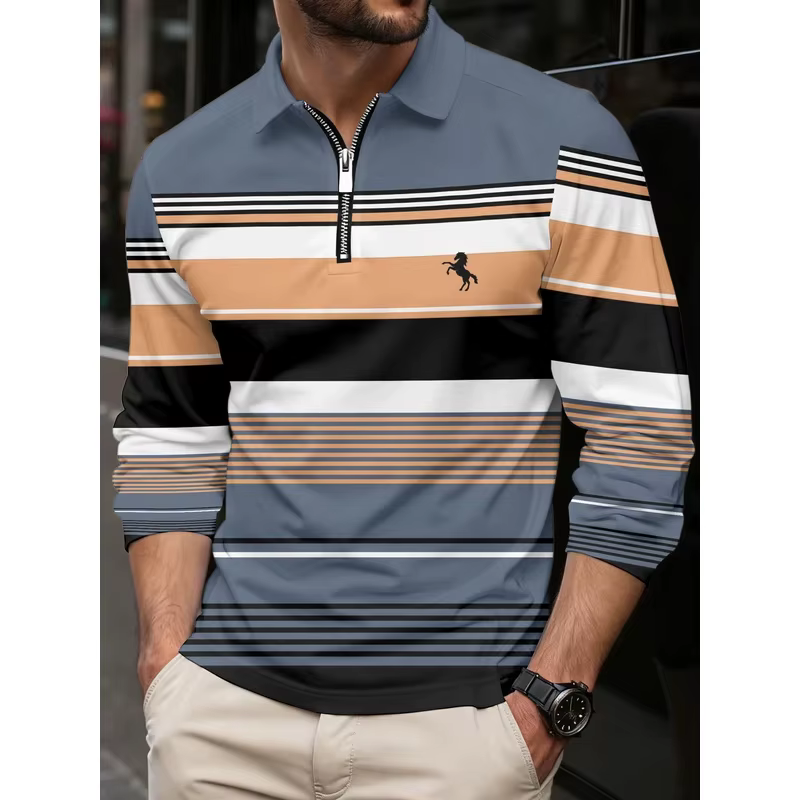 Polo à manches longues pour hommes avec col à fermeture éclair rayé
