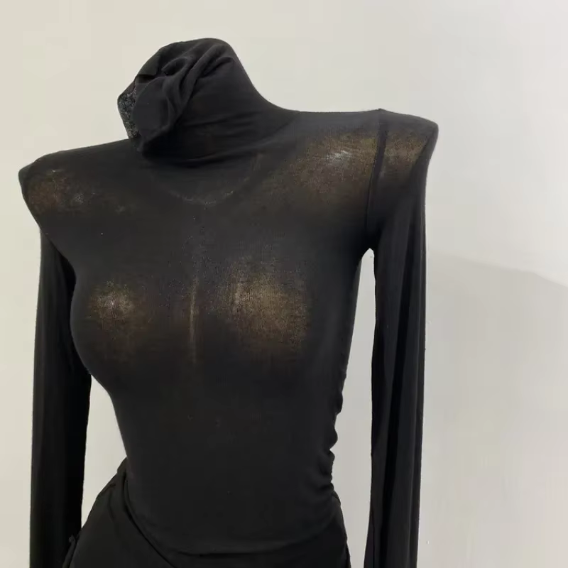 Mince doux américain à manches longues T-shirt col haut empilé serré Perspective bas chemise femmes coupe ajustée hauts Sexy Streetwear