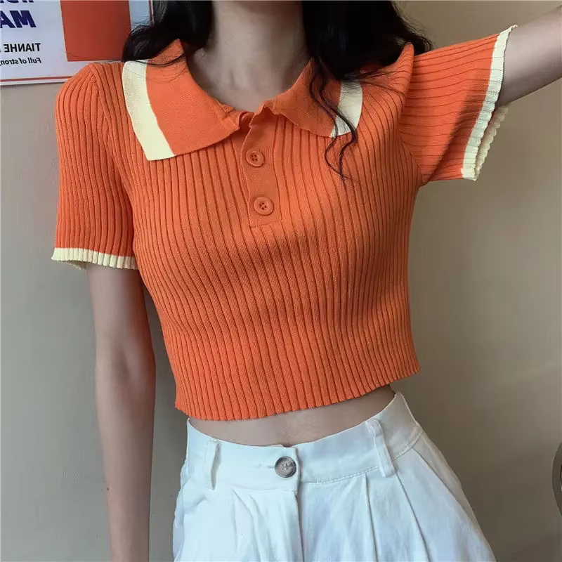Polo femme Sexy haut court bouton femme t-shirt tricoté mince avec T-shirts col vêtements coréens pulls tendance 2025 été