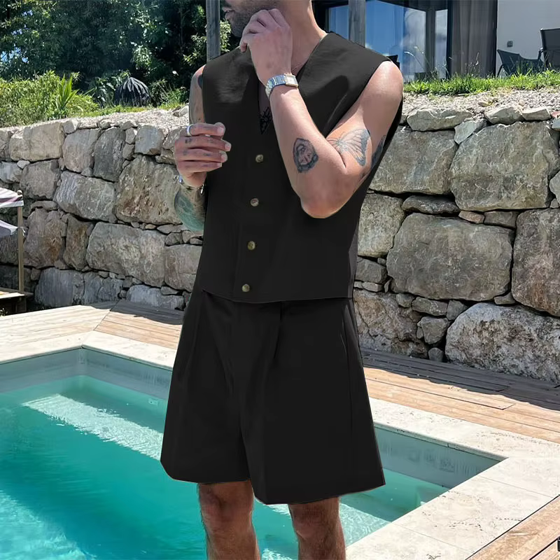 Nouvel ensemble décontracté été 2026 pour homme : gilet sans manches col en V et short large