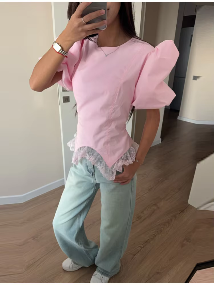 Chemisier Polo Femme à Manches Courtes Bouffantes