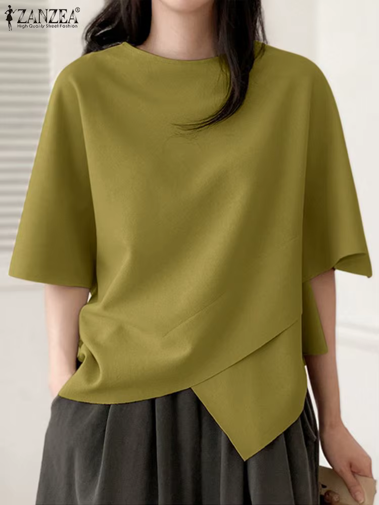 ZANZEA femmes asymétrique t-shirt mode été demi manches t-shirts 2024 coréen col rond plaine tuniques décontracté ample solide Simple hauts