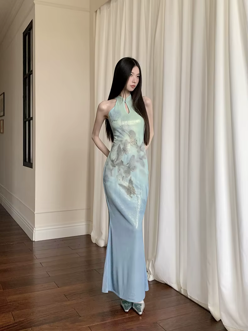 CHEERART papillon sans manches longues robes élégantes pour femme moulante licou modeste Maxi dames sirène robe de soirée été