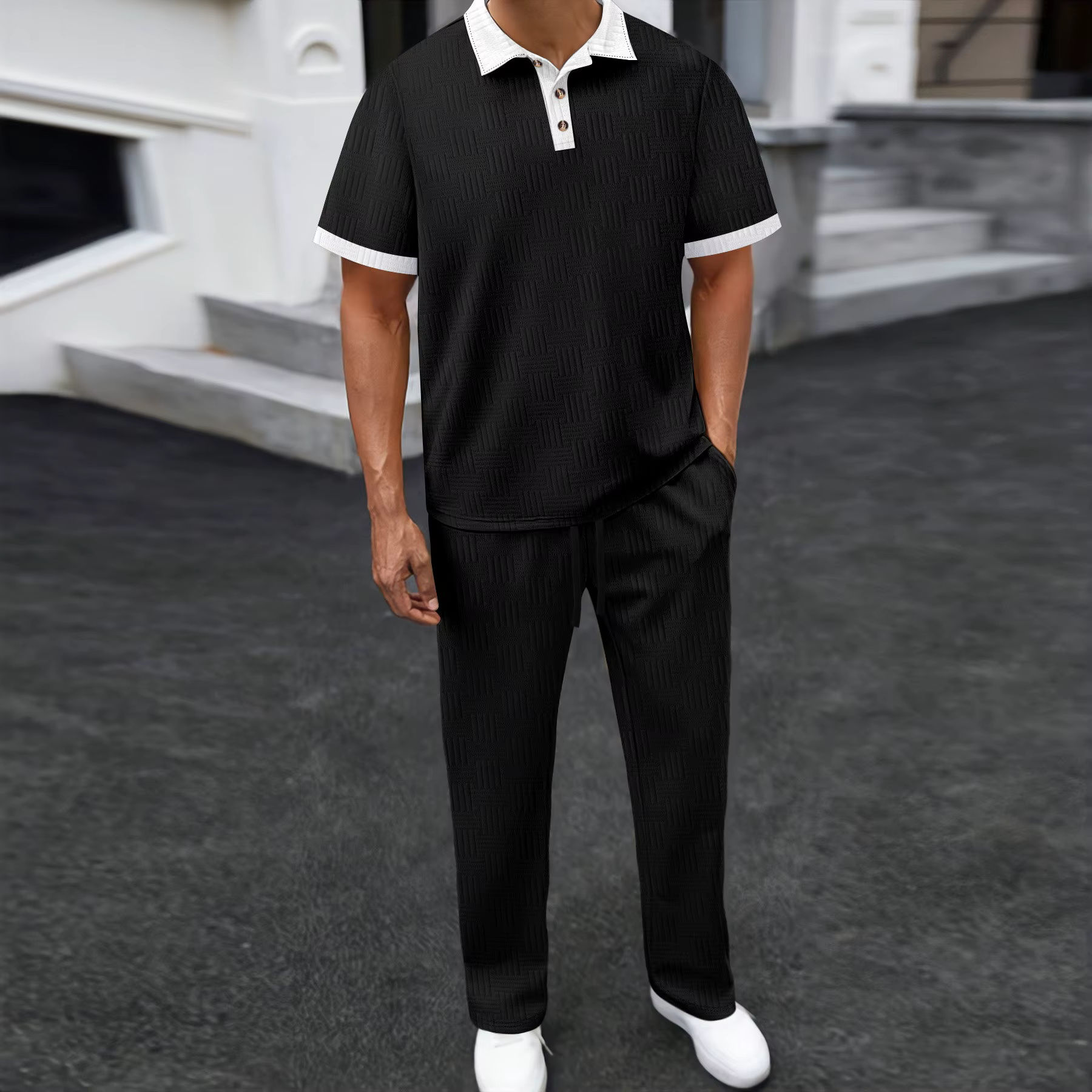 Ensemble 2 pièces polo et pantalon texturé pour homme avec col contrastant – Survêtement décontracté pour le streetwear quotidien