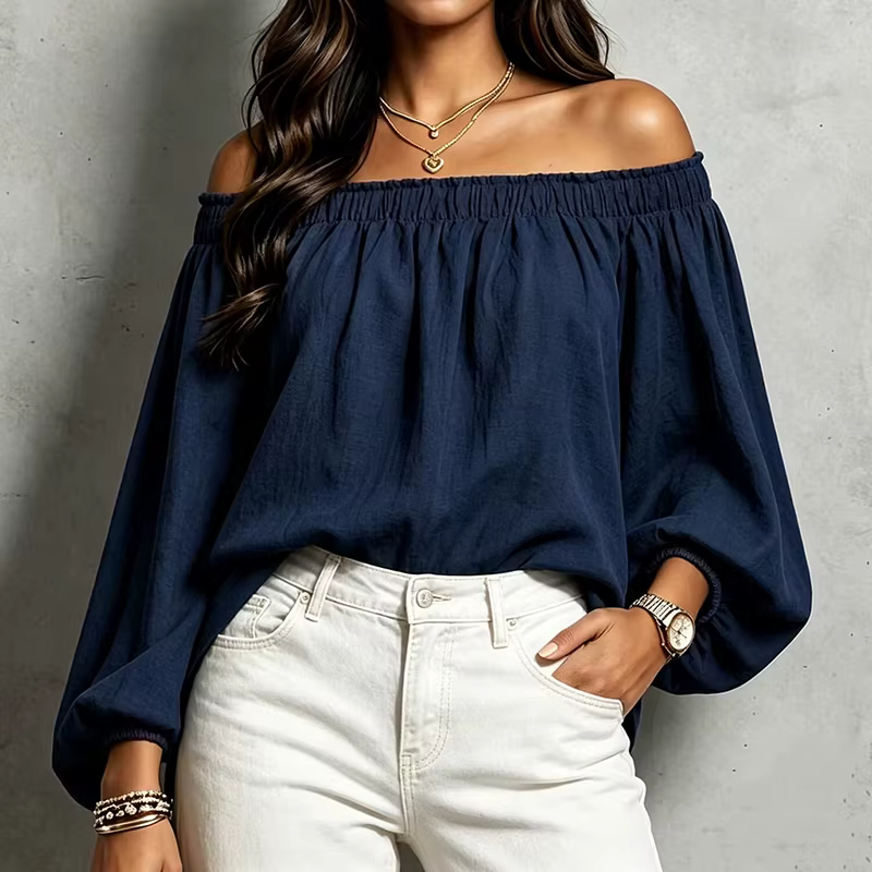 Chemisier élégant à épaules dénudées et manches longues pour femmes, chemise tendance de couleur unie, pull pour femmes, hauts féminins à manches lanternes.