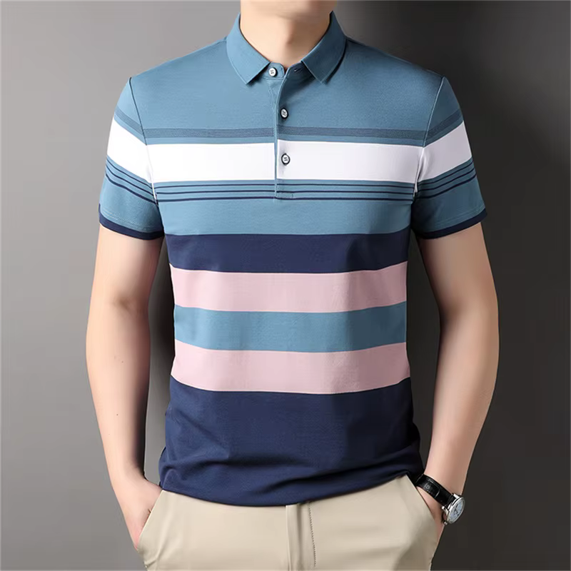 Casual Luxury Polo Shirt For Men Summer Stripped Short Sleeve Golf
