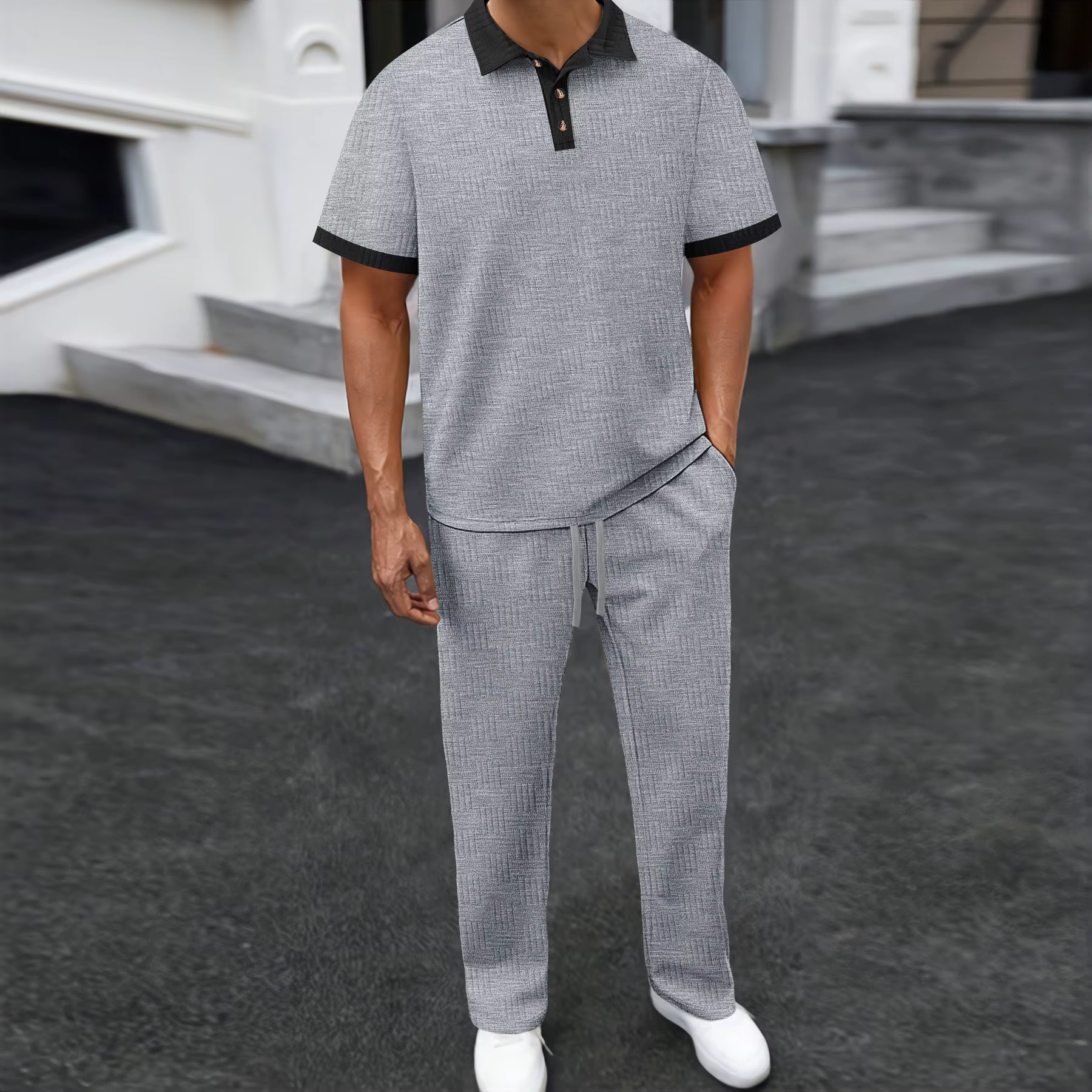Ensemble 2 pièces polo et pantalon texturé pour homme avec col contrastant – Survêtement décontracté pour le streetwear quotidien