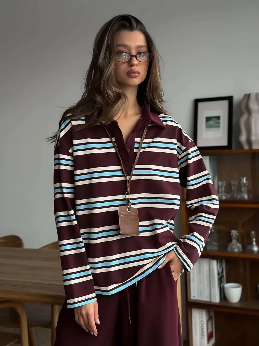 Wolfeel Femmes Vintage Inspiré Rétro Rayé Col Polo Surdimensionné Goutte Épaule Manches Longues T-Shirt À La Mode Haut Décontracté