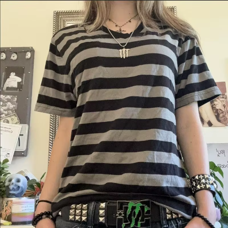 T-shirt Rayé à Manches Courtes et Col en V pour Homme et Femme