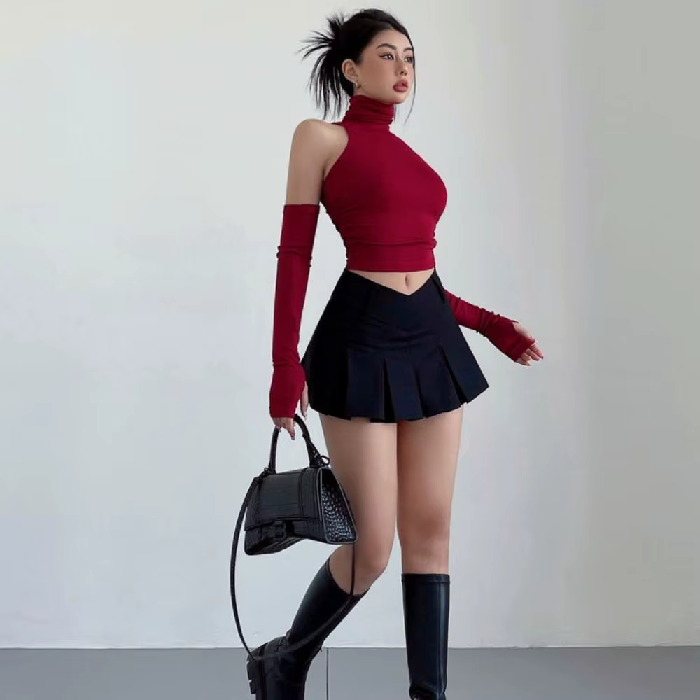 Mode Y2K col roulé jarretelle été plage solide Camisole débardeur