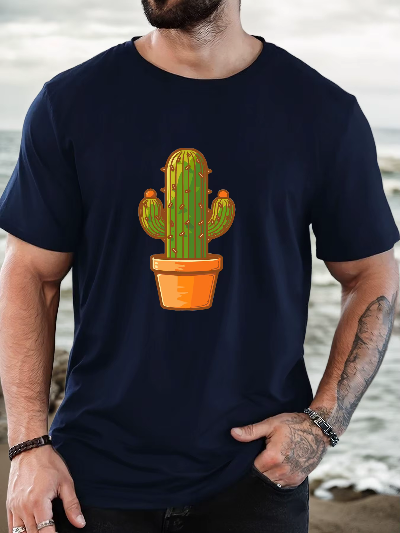 T-Shirt homme 2025 nouveauté mignon Cactus graphique Vibrant vert et Orange imprimé haut élégant quotidien décontracté