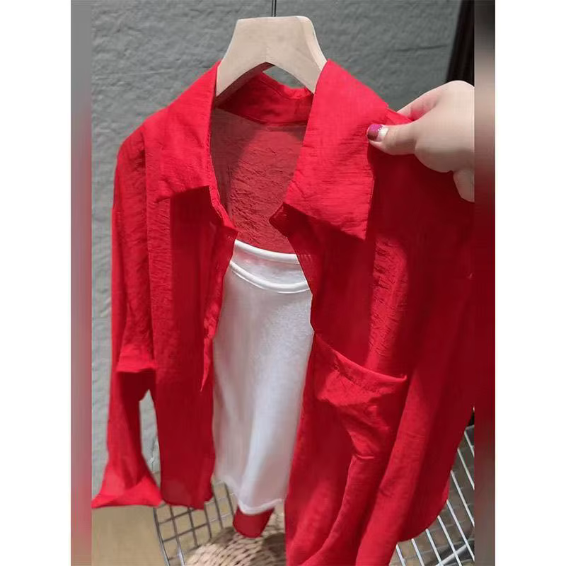 Chemise de Protection solaire à manches longues et col Polo rouge pour femmes
