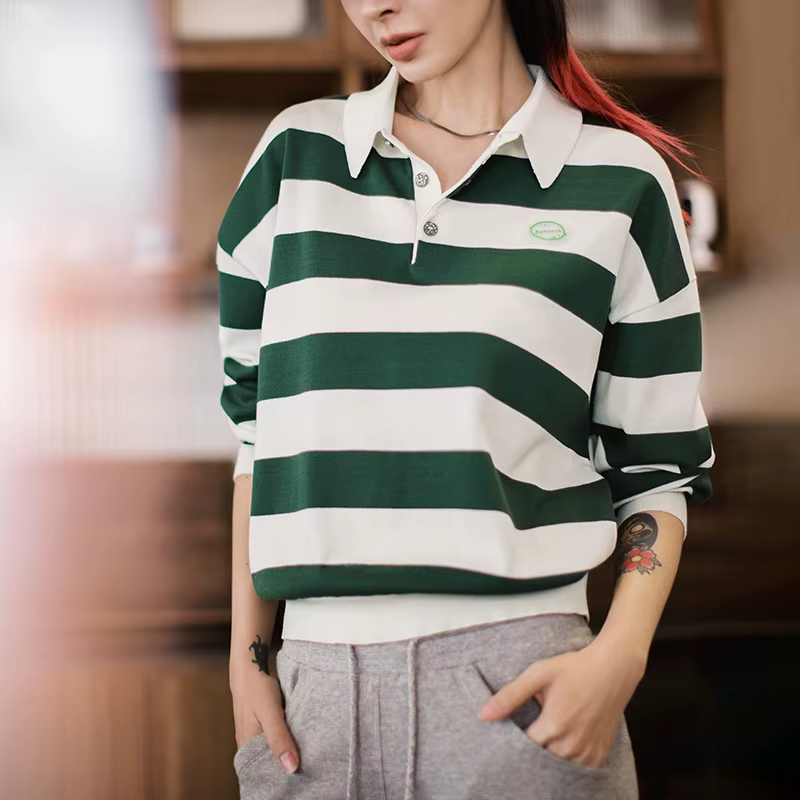 Maden rétro classique blanc et vert couleur bloquant rayé Polo pour les femmes automne à manches longues T-shirt ample décontracté hauts
