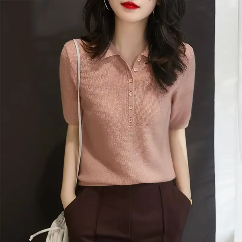 Chemise à col Polo jaune bouton tricoté rose t-shirts pour femmes haut uni vêtements t-shirt à manches courtes nouvelle esthétique synthétique été 2025