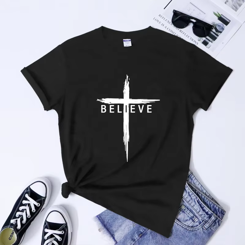 T-shirt Croix Chrétienne Unisexe avec Citations Bibliques Jésus-Christ Femme Religieux Inspirant Foi Bible Haut
