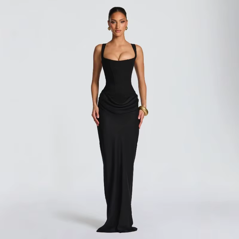 Robe de soirée élégante marron plissée longue à col carré sans manches et épaules dénudées