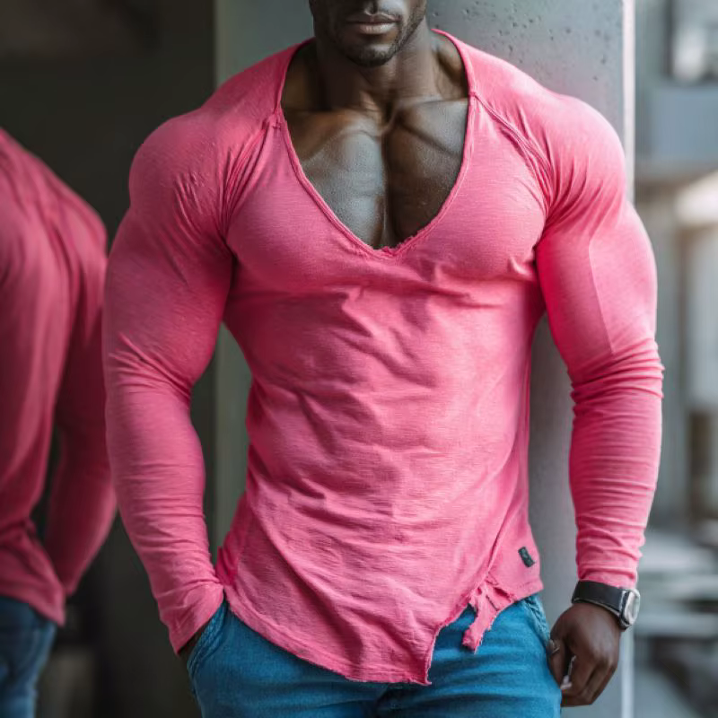 T-shirt de fitness à manches longues et col en V pour homme