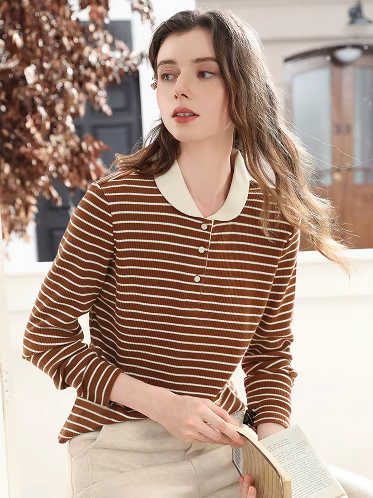 Je crois vous hauts à manches longues pour femme 2025 hiver rétro marron rayé col rabattu tricot T-shirt