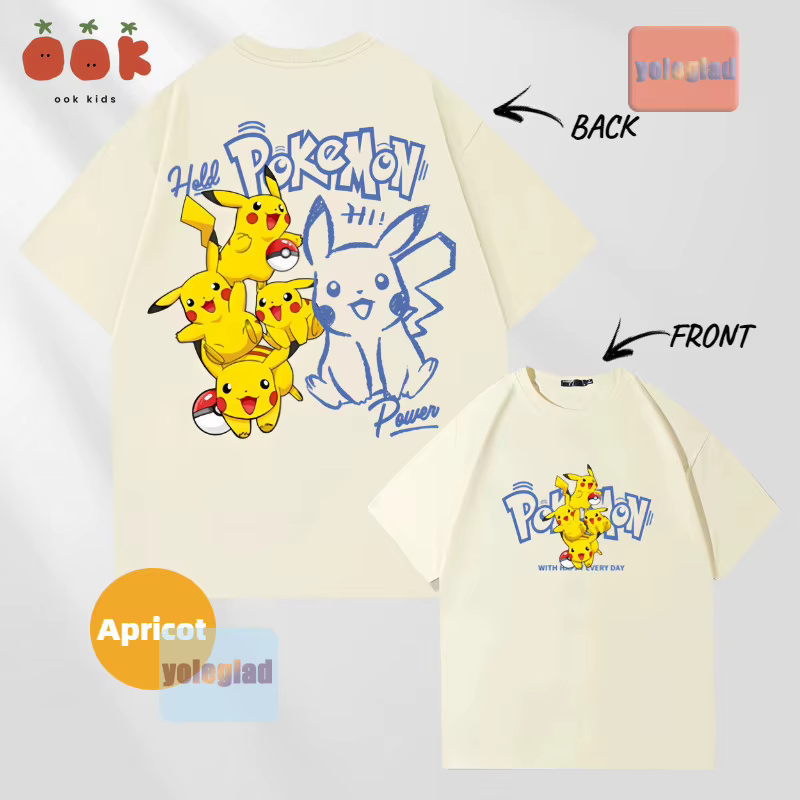 T-shirt en pur coton imprimé Anime Pokémon Pikachu pour hommes et femmes