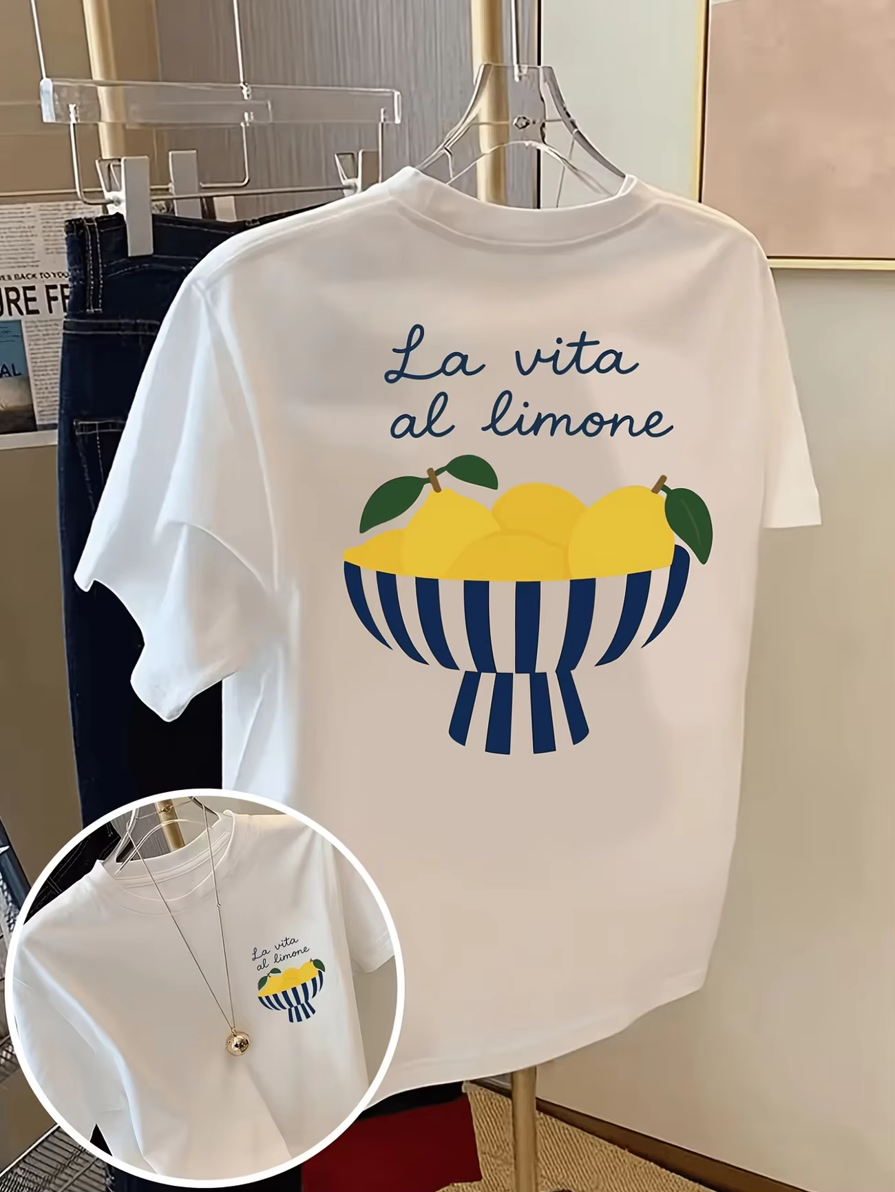 T-shirt créatif à motif citron et cello pour femme