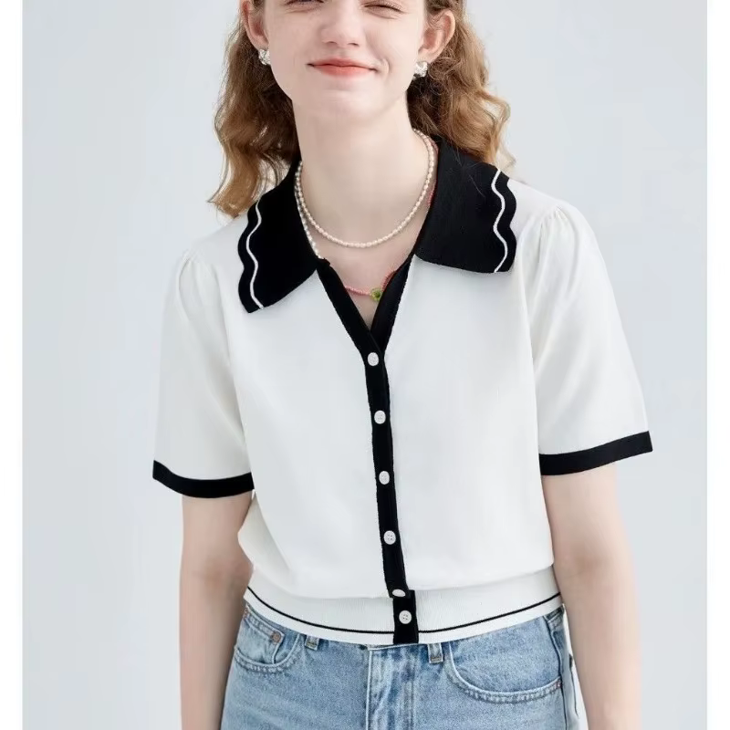 Cardigan fin en maille à col polo pour femme