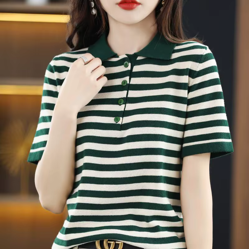 T-shirt femme rayé hauts bouton à manches courtes