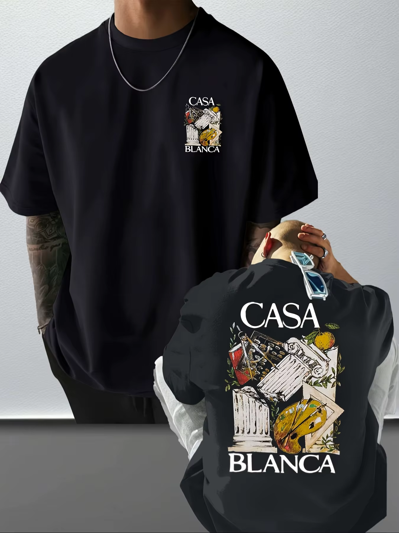 T-shirt artistique élégant avec motifs de colonnes classiques et d'outils de peintre